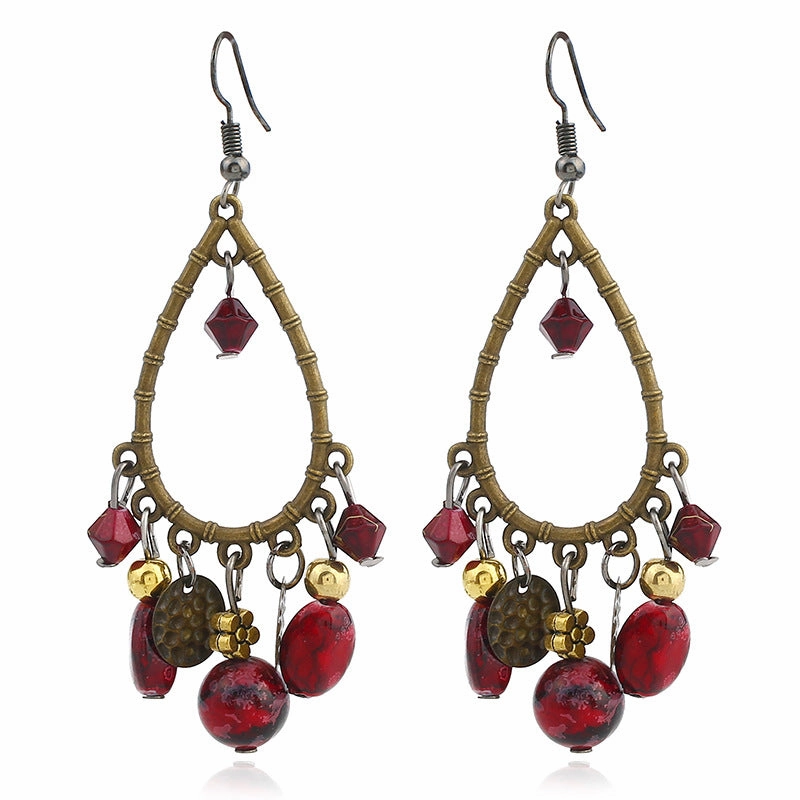 Wholesale Fashionable ethnic retro hollow water drop beaded tassel earrings