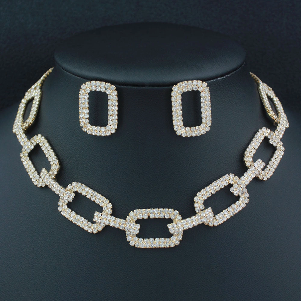Wholesale Fashionable Square Chain Rhinestone Necklace Geometric Earrings Women's Jewelry Set