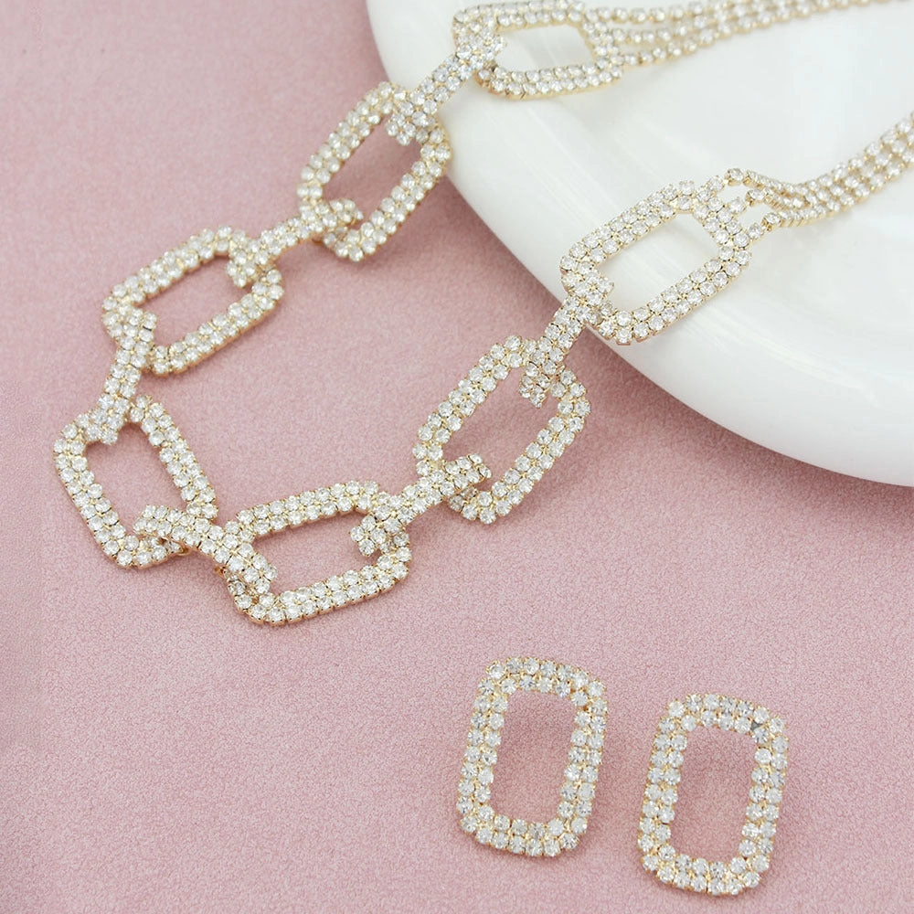 Wholesale Fashionable Square Chain Rhinestone Necklace Geometric Earrings Women's Jewelry Set