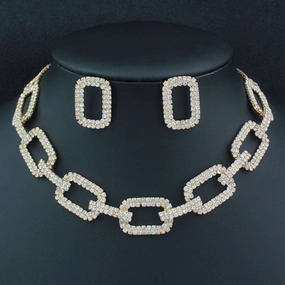 Wholesale Fashionable Square Chain Rhinestone Necklace Geometric Earrings Women's Jewelry Set
