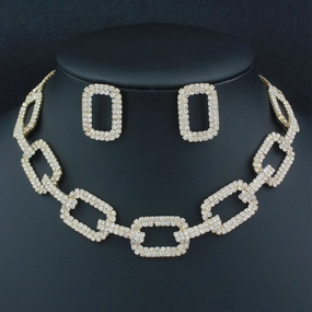 Wholesale Fashionable Square Chain Rhinestone Necklace Geometric Earrings Women's Jewelry Set