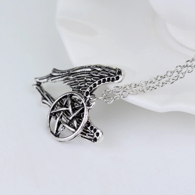 Wholesale Film and Television Evil Force Pentagram Wings Alloy Necklace