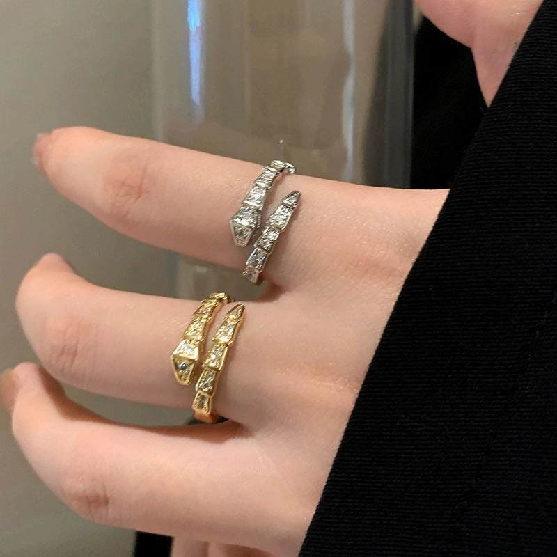 Wholesale Flash Diamond Spirit Snake-Shaped Ring Women's Ins Light Luxury Niche silver Open Finger Ring High-grade Texture Simple All-match Trendy Cool