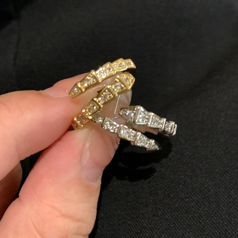 Wholesale Flash Diamond Spirit Snake-Shaped Ring Women's Ins Light Luxury Niche silver Open Finger Ring High-grade Texture Simple All-match Trendy Cool