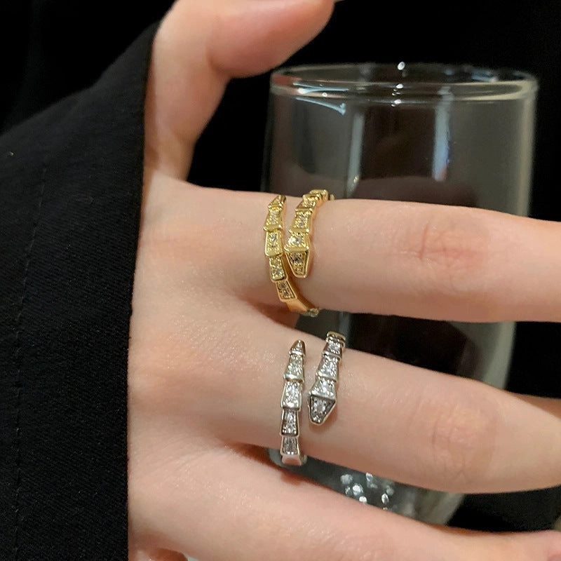 Wholesale Flash Diamond Spirit Snake-Shaped Ring Women's Ins Light Luxury Niche silver Open Finger Ring High-grade Texture Simple All-match Trendy Cool