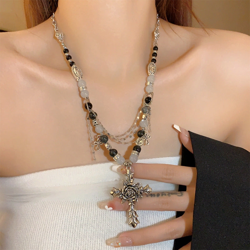 Wholesale Flower Cross Beaded Multi-layer Clavicle Chain Necklace
