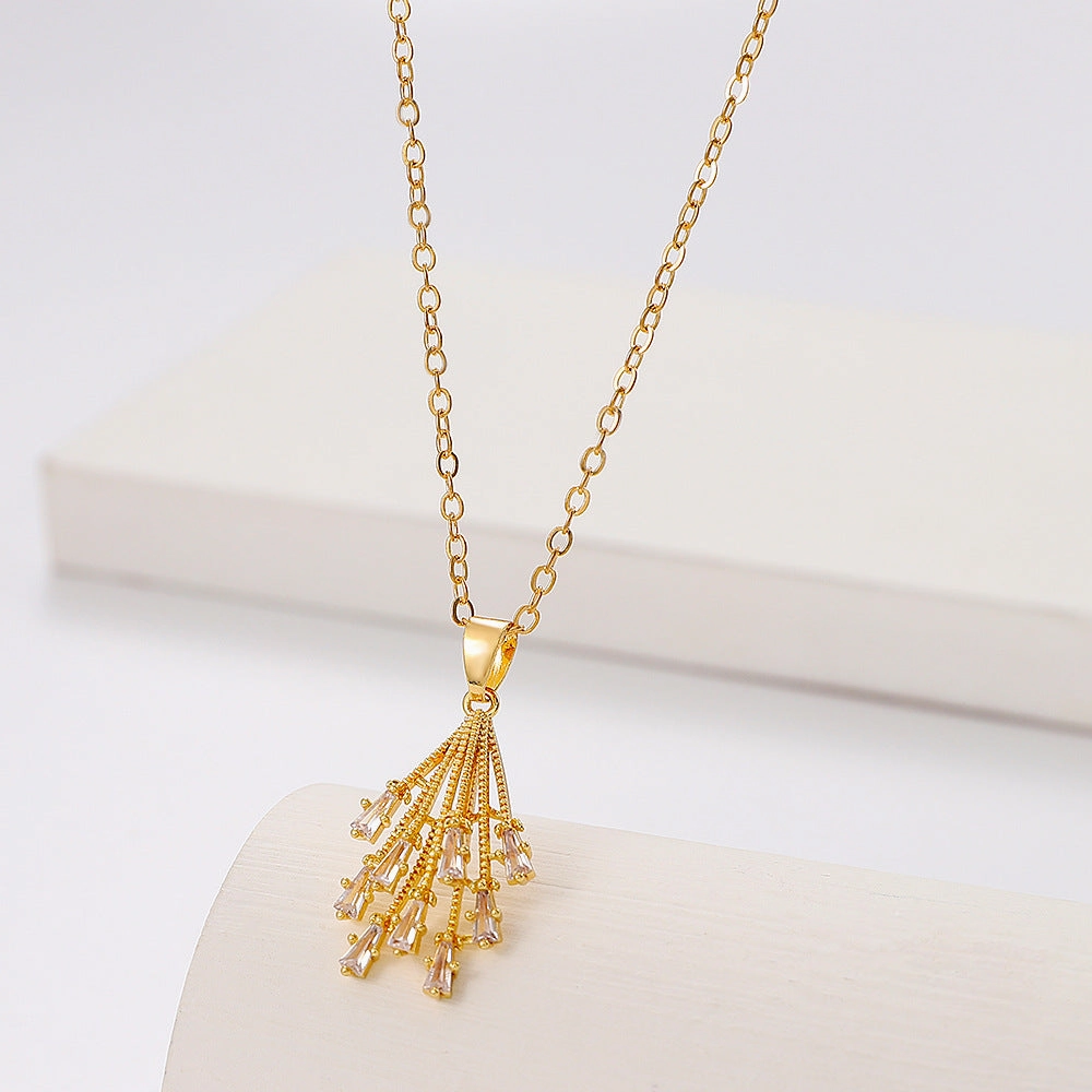 Wholesale Flower Zircon Simple Fan-Shaped Tassel Mini Skirt Necklace