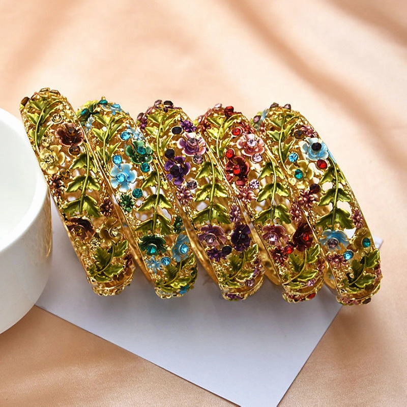 Wholesale foreign trade jewelry retro rose diamond hollow alloy cloisonne antique painted bracelet