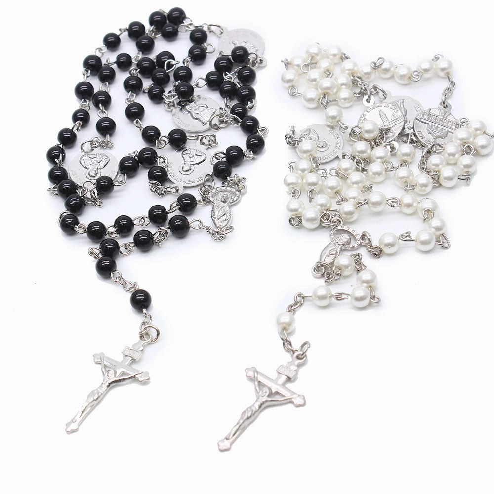 Wholesale Four Architectural Rosary Beads Glass Pearl Alloy Cross Necklaces