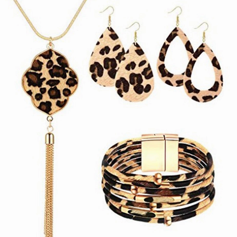 Wholesale Four Leaf Clover Horsehair Leopard Tassel Long Earring Bracelet Set