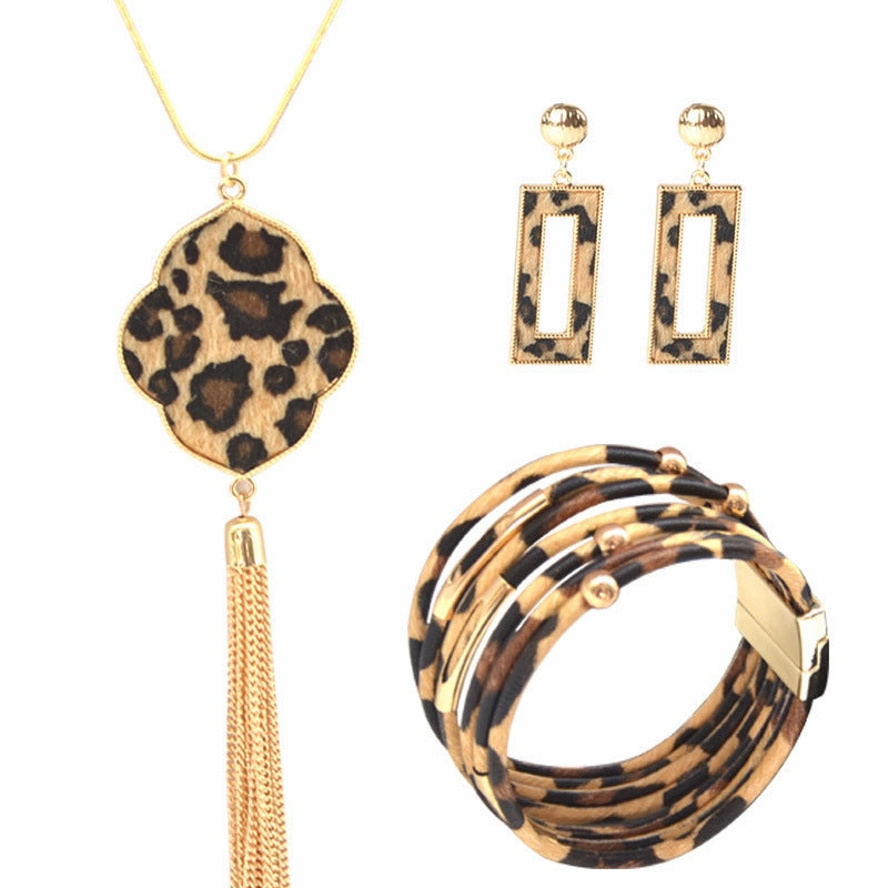 Wholesale Four Leaf Clover Horsehair Leopard Tassel Long Earring Bracelet Set