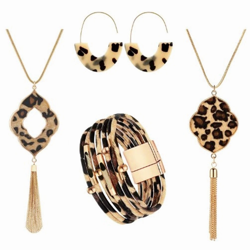 Wholesale Four Leaf Clover Horsehair Leopard Tassel Long Earring Bracelet Set