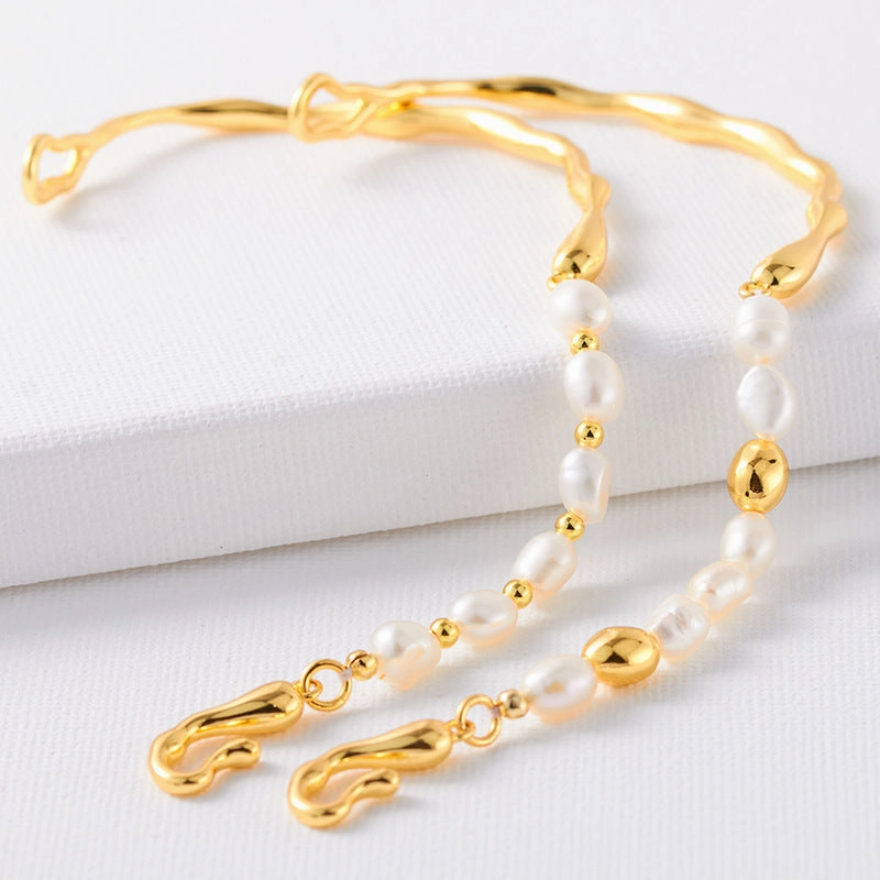 Wholesale French Natural Baroque Pearl Asymmetric  Stainless Steel Bracelet