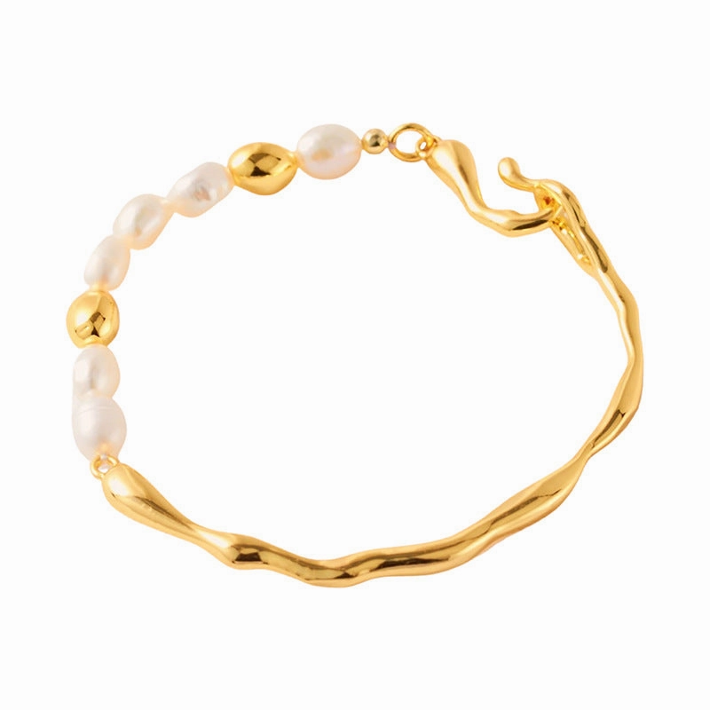 Wholesale French Natural Baroque Pearl Asymmetric  Stainless Steel Bracelet