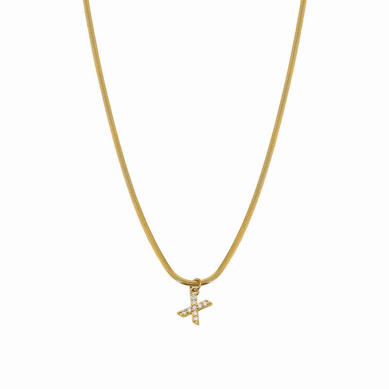 Wholesale French Retro Palace Style Flat Snake Bone Stacking Diamond 26 Letter Titanium Steel Clavicle Chain Necklace