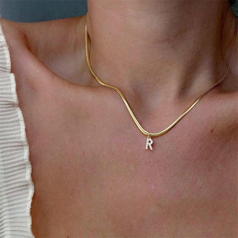Wholesale French Retro Palace Style Flat Snake Bone Stacking Diamond 26 Letter Titanium Steel Clavicle Chain Necklace