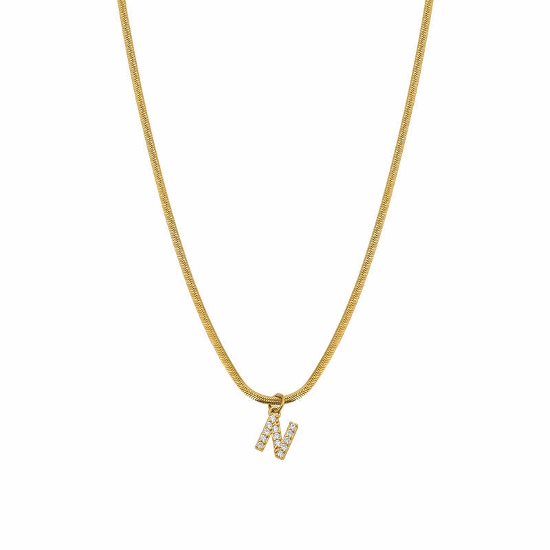 Wholesale French Retro Palace Style Flat Snake Bone Stacking Diamond 26 Letter Titanium Steel Clavicle Chain Necklace