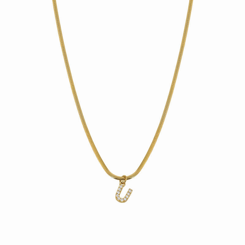 Wholesale French Retro Palace Style Flat Snake Bone Stacking Diamond 26 Letter Titanium Steel Clavicle Chain Necklace