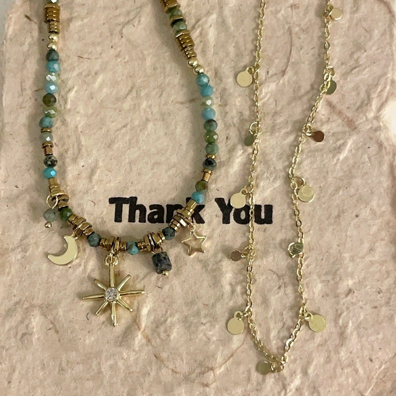 Wholesale French retro star and moon necklace colorful beaded clavicle chain