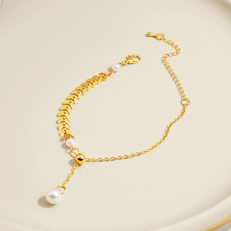 Wholesale French Vintage Pearl Wheat Ear Titanium Steel Bracelet