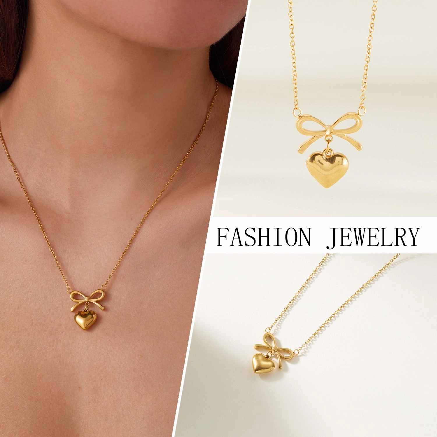 Wholesale Fresh and cute bow heart stainless steel necklace