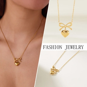 Wholesale Fresh and cute bow heart stainless steel necklace