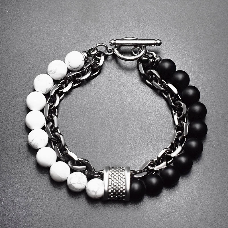 Wholesale Frosted Map Stone Men's Beaded Metal Bracelet
