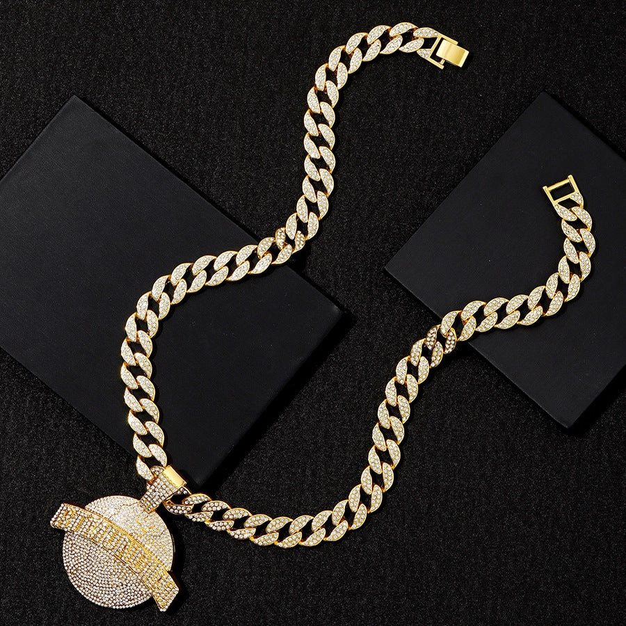 Wholesale Full Diamond Alloy Round Pendant Men's Necklace