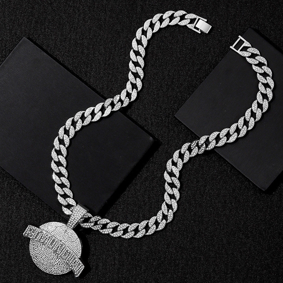 Wholesale Full Diamond Alloy Round Pendant Men's Necklace