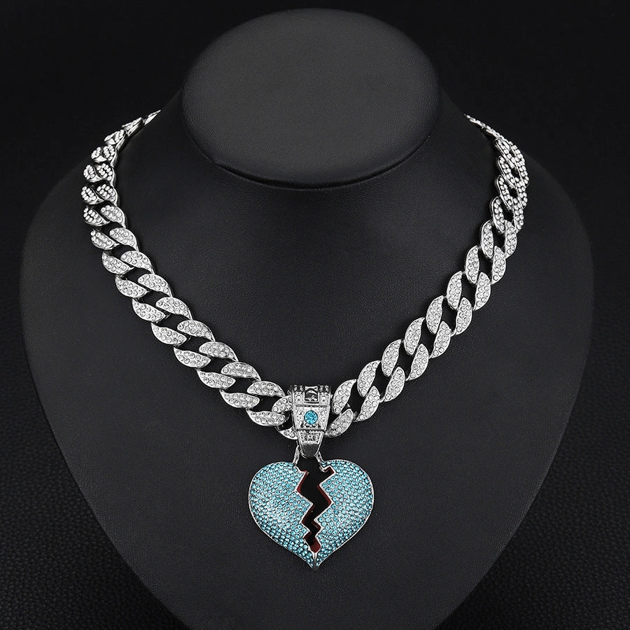 Wholesale Full Diamond Broken Heart Pendant Hip Hop Alloy Necklace