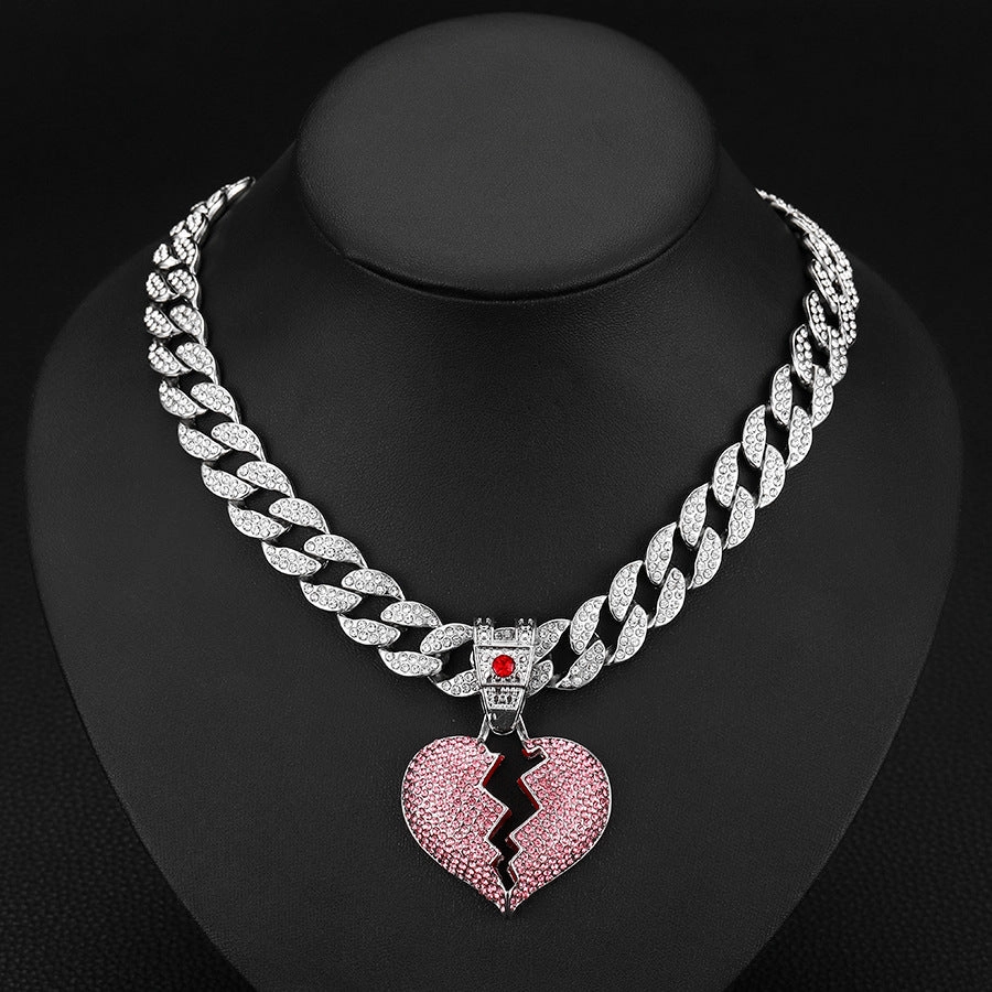 Wholesale Full Diamond Broken Heart Pendant Hip Hop Alloy Necklace