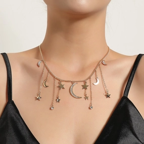 Wholesale Full Diamond Crescent Five Pointed Star Tassel Pendant Alloy Necklace