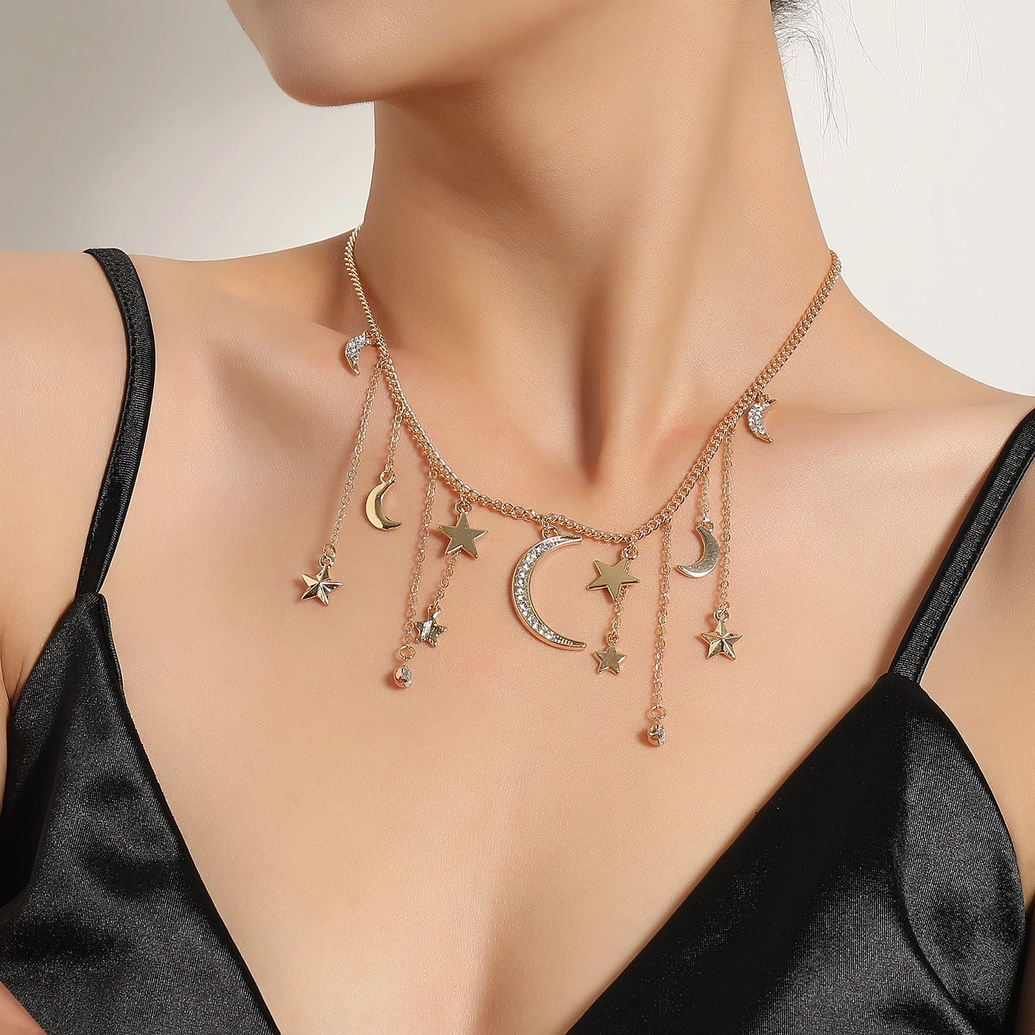 Wholesale Full Diamond Crescent Five Pointed Star Tassel Pendant Alloy Necklace