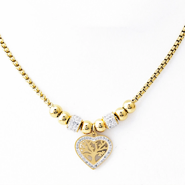 Wholesale Full Diamond Heart Pendant Tree of Life Titanium Steel Necklaces