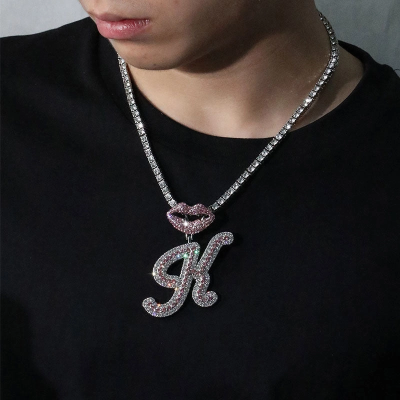 Wholesale Full Diamond Lips 26 Letters Pendant Necklace