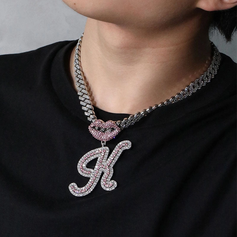 Wholesale Full Diamond Lips 26 Letters Pendant Necklace