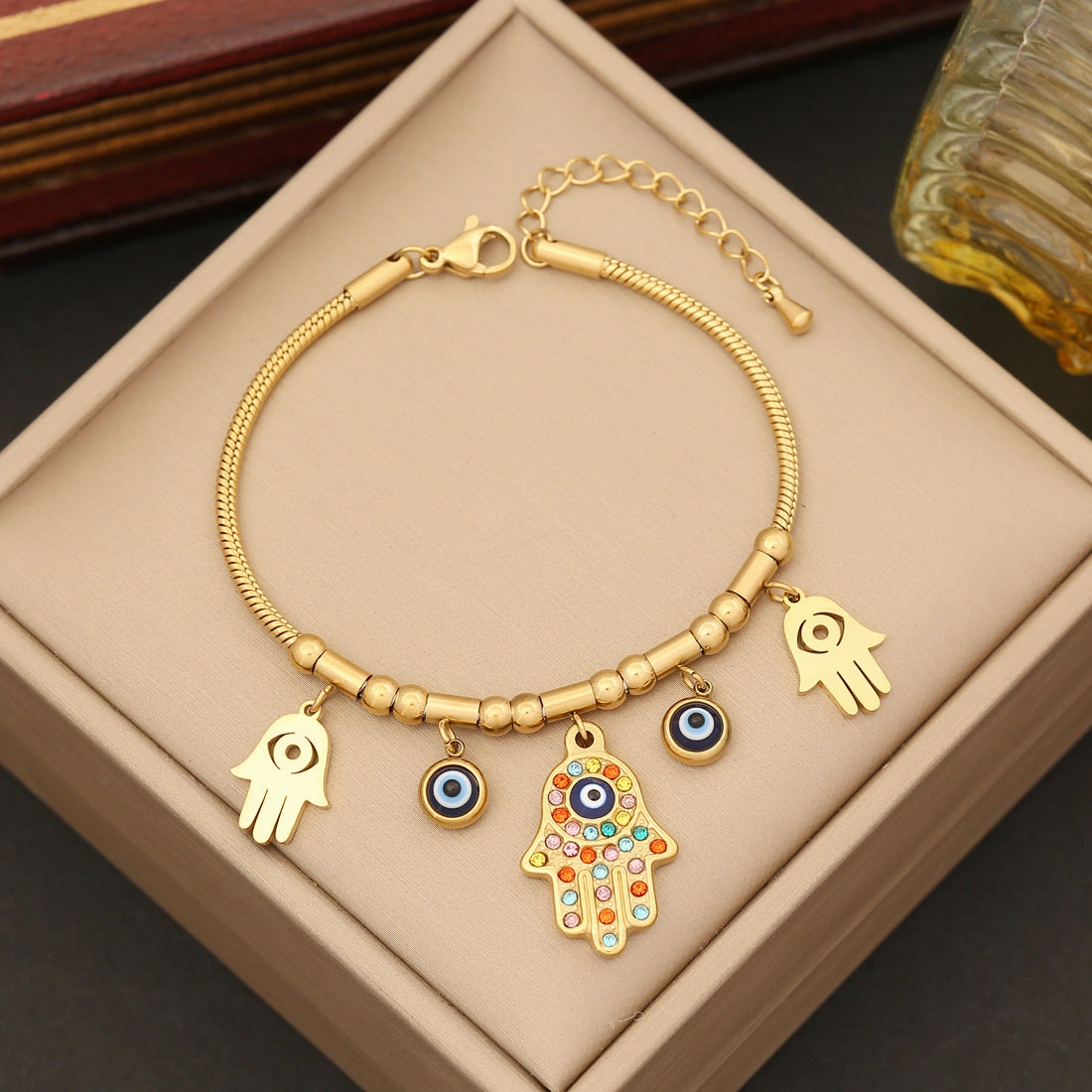 Wholesale Full Diamond Palm Necklace Eyes Stainless Steel Bracelet Jewelry Set