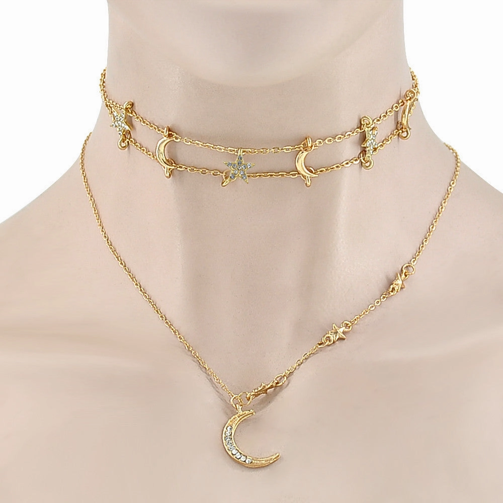 Wholesale Full diamond popular personality five-pointed star moon combination multi-layer women's necklace
