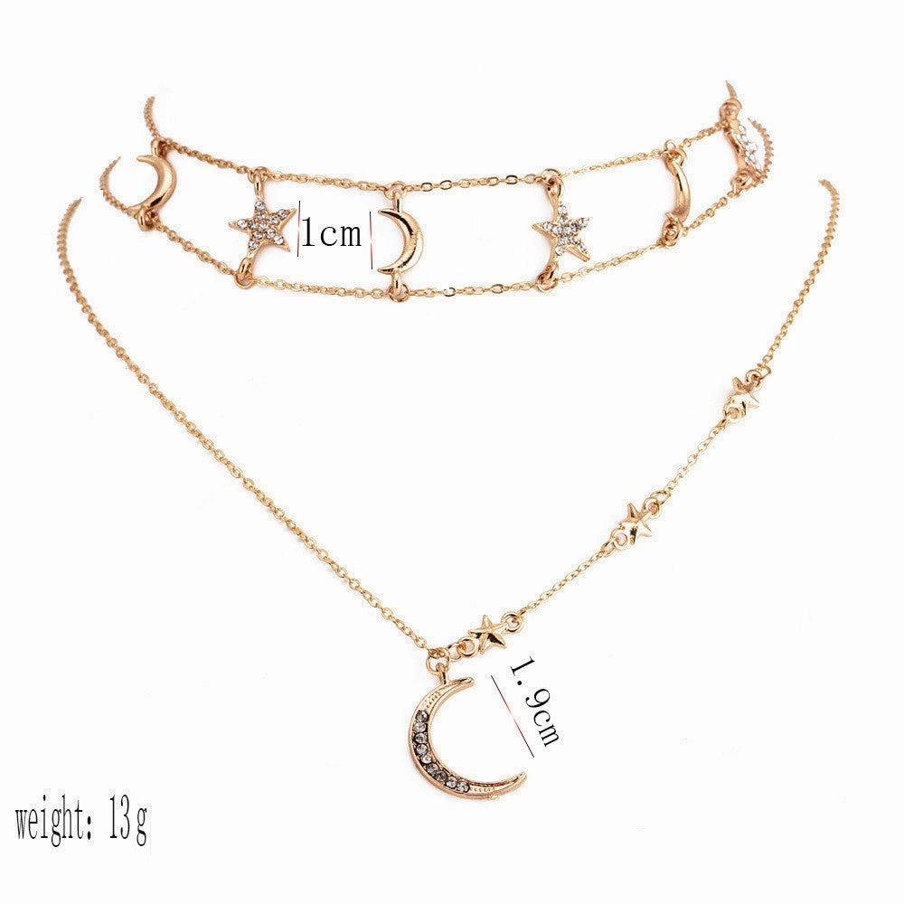 Wholesale Full diamond popular personality five-pointed star moon combination multi-layer women's necklace