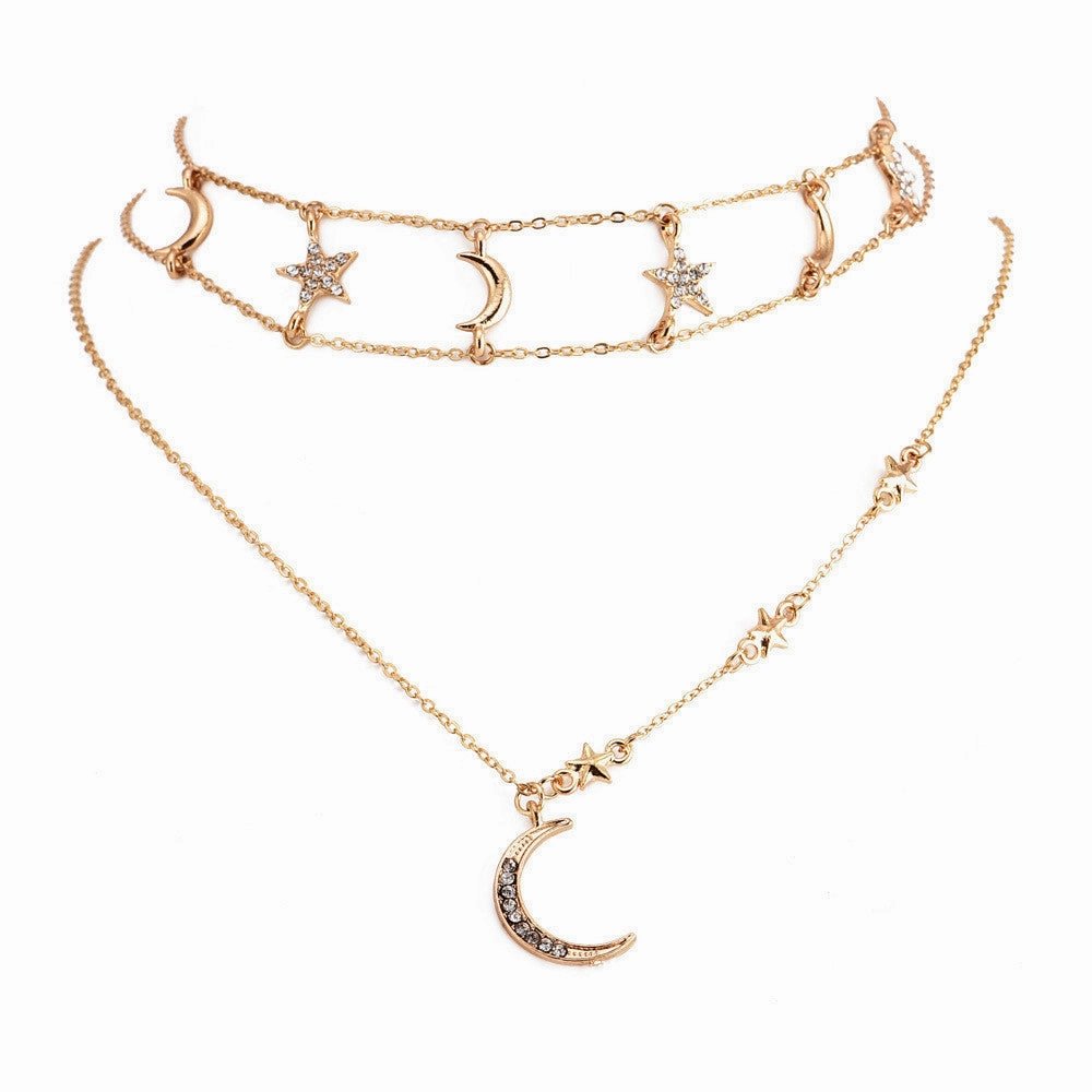 Wholesale Full diamond popular personality five-pointed star moon combination multi-layer women's necklace