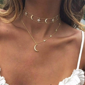 Wholesale Full diamond popular personality five-pointed star moon combination multi-layer women's necklace