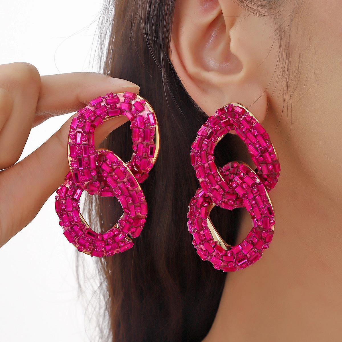 Wholesale Full Diamond Shiny Chain Shaped Metal Earrings
