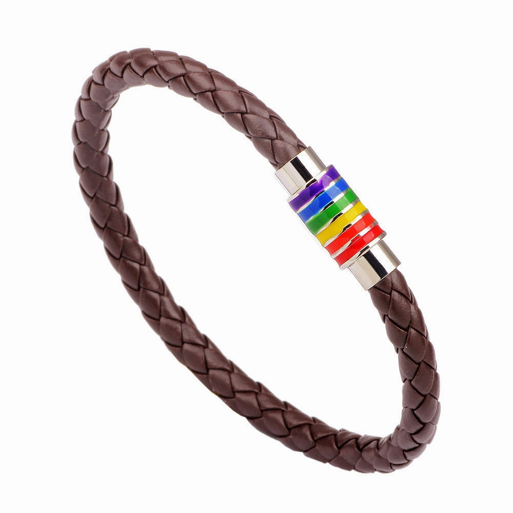 Wholesale Gay Braided Cowhide Rainbow Colorful Fashion Copper Magnetic Clasp Bracelet