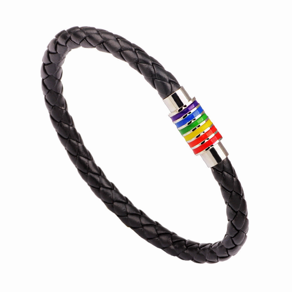 Wholesale Gay Braided Cowhide Rainbow Colorful Fashion Copper Magnetic Clasp Bracelet