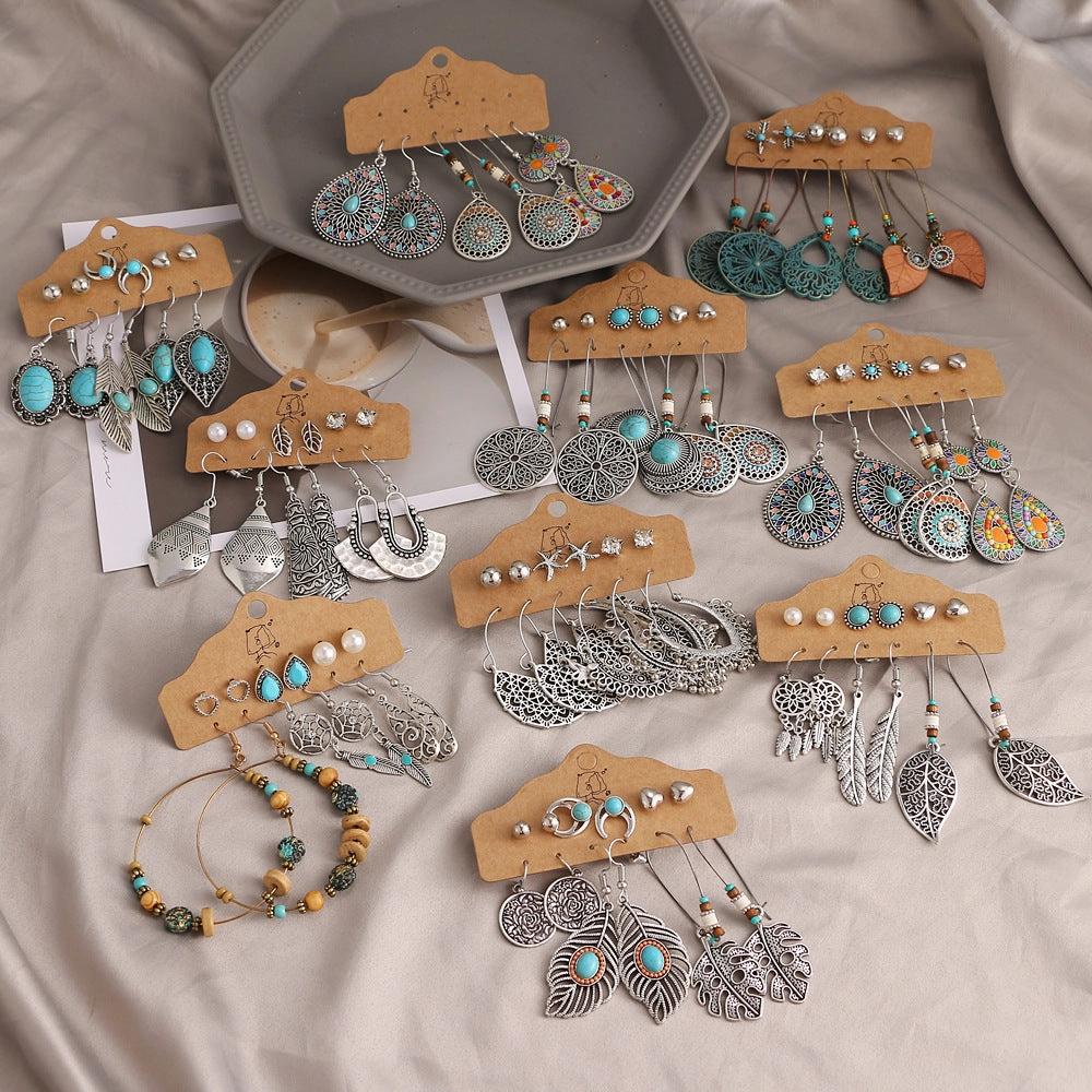 Wholesale Gem Hollow Half-circle Leaf Feather Vintage Earrings 6 Pairs Set