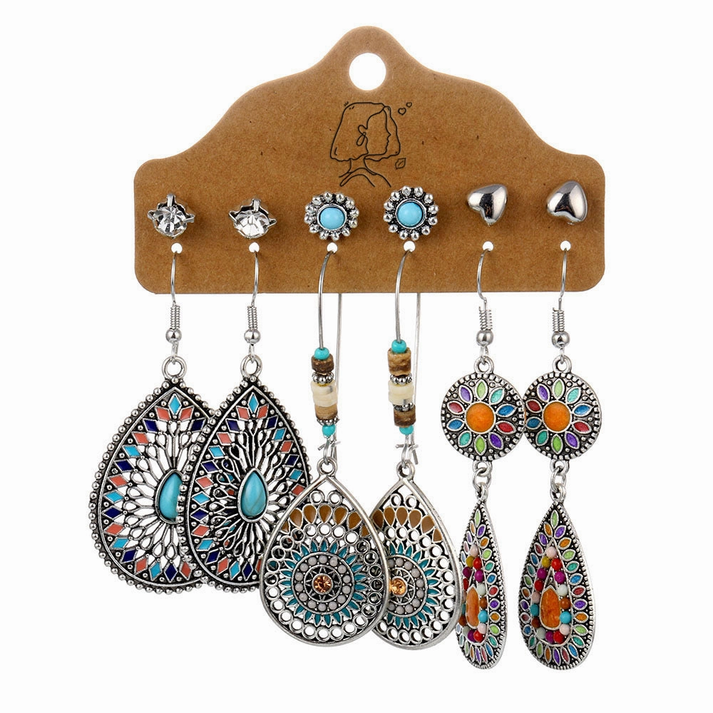 Wholesale Gem Hollow Half-circle Leaf Feather Vintage Earrings 6 Pairs Set