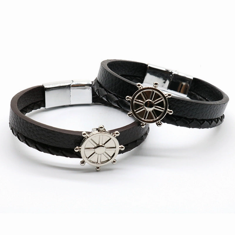 Wholesale Genuine Leather Magnetic Buckle Hand Woven Leather Rope Alloy Bracelet