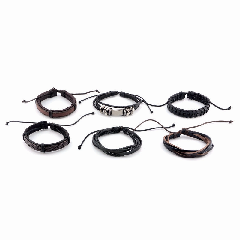 Wholesale Genuine Leather Woven Bracelet 6-piece Set