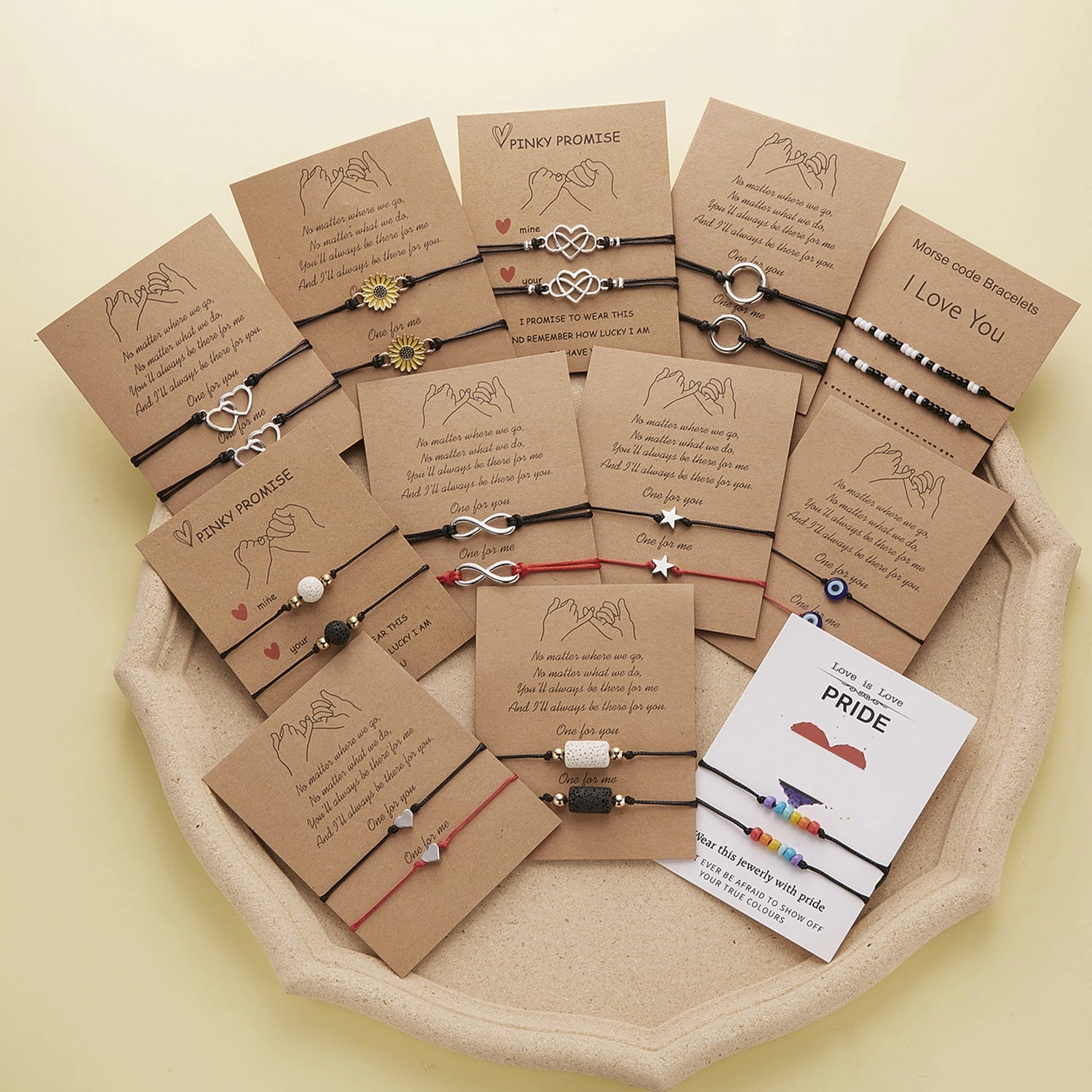 Wholesale Geometric 8-character Volcanic Stone Sunflower 2-piece Braided Adjustable Paper Card Bracelet