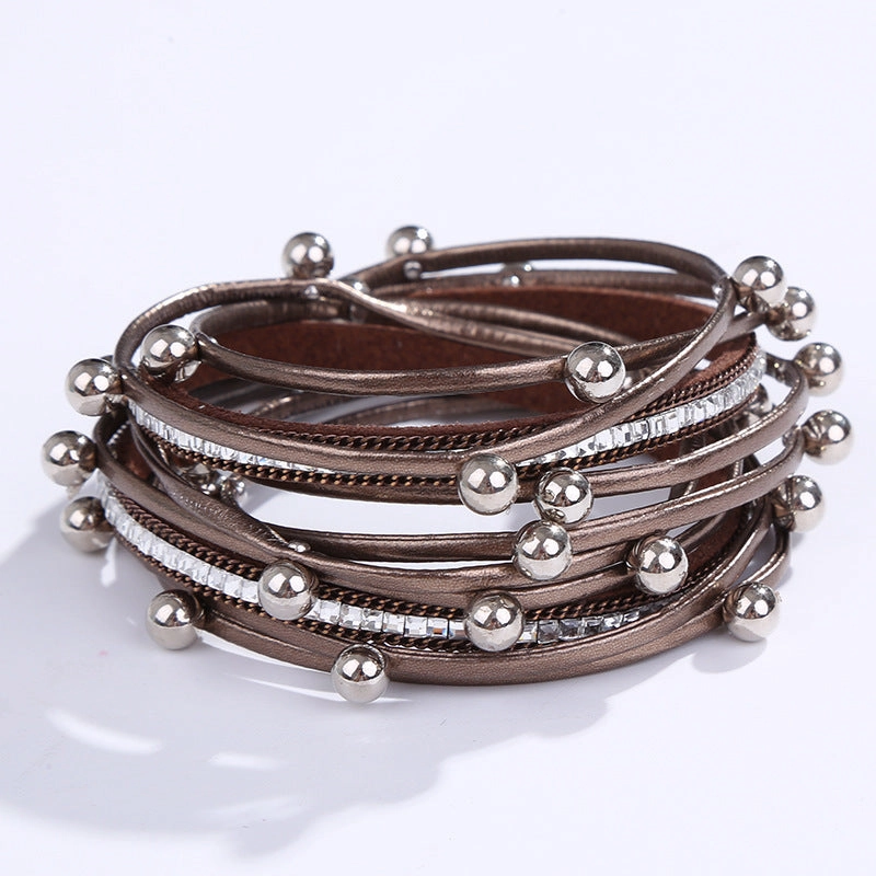 Wholesale Geometric Asymmetrical Inlaid Pearl Multi-Layered Leather Adjustable Bracelet